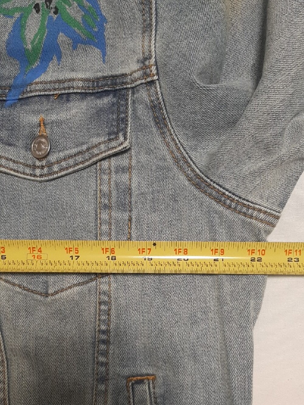 Forever 21 Size L Denim Jacket Painted Floral Abstract Design Vintage Worn Look - Picture 13 of 16